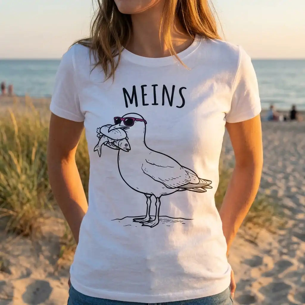 T-Shirt MEINS – Möwe mit Fischbrötchen
