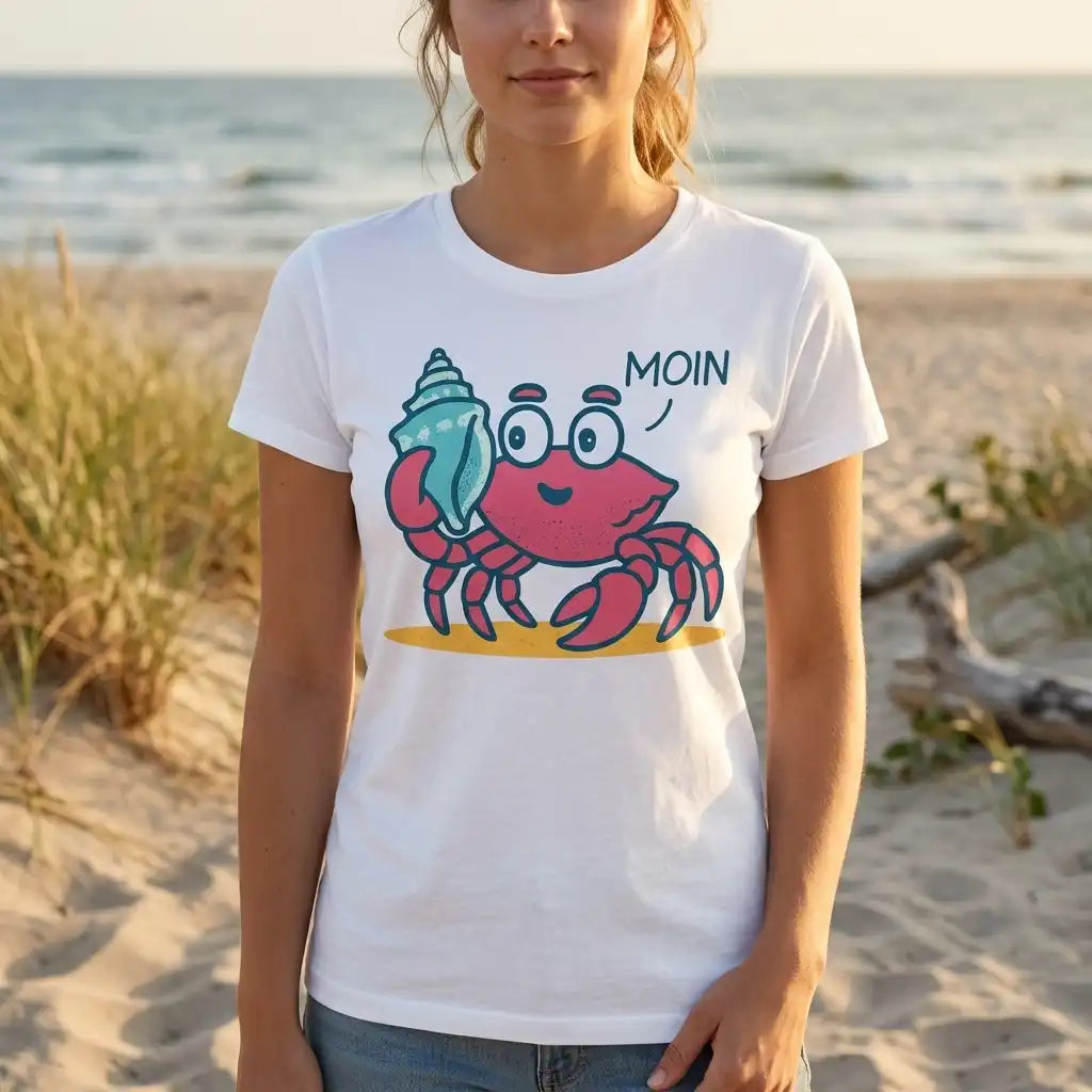 T-Shirt Ein Wort reicht. Moin – Einsiedlerkrebs mit Muschelhaus und Nordlicht-Manieren.