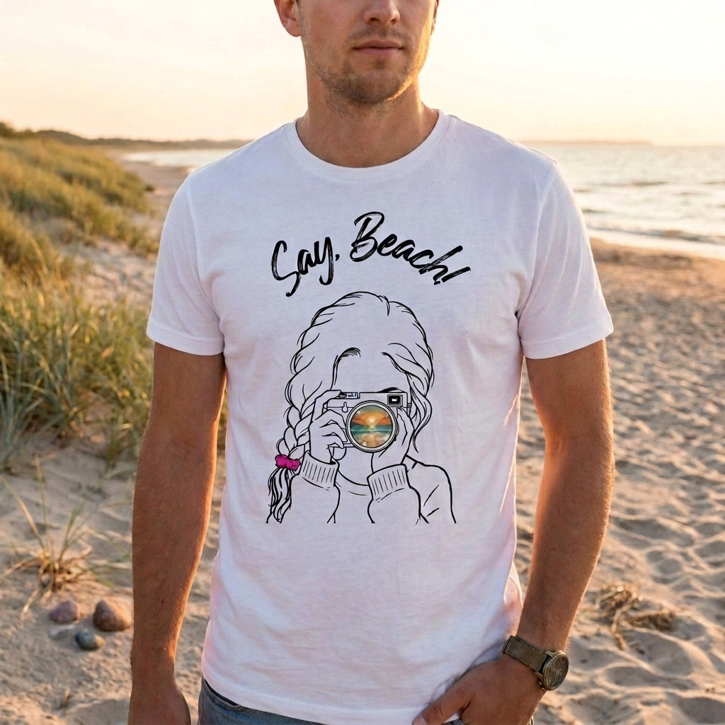 T-Shirt Say, Beach! – Sonnenuntergang im Sucher