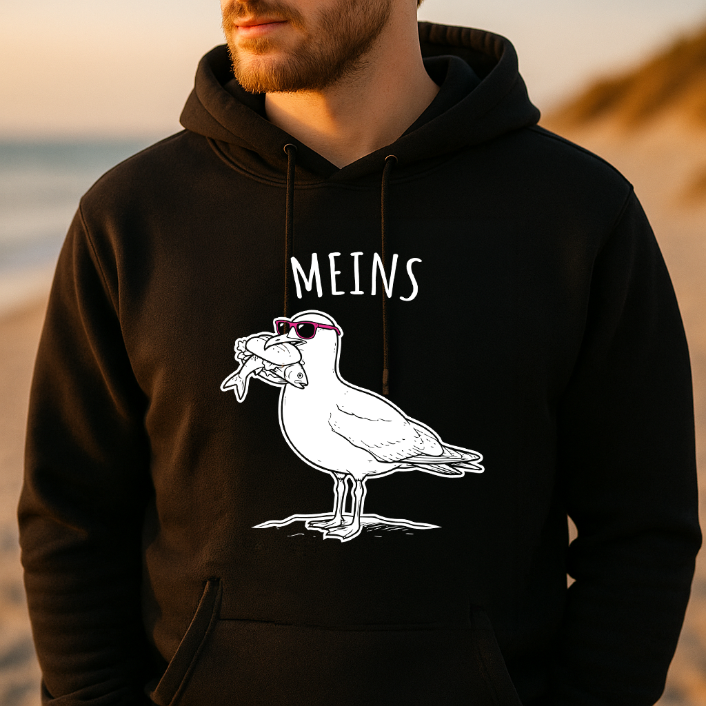 Hoodie MEINS – Möwe mit Fischbrötchen