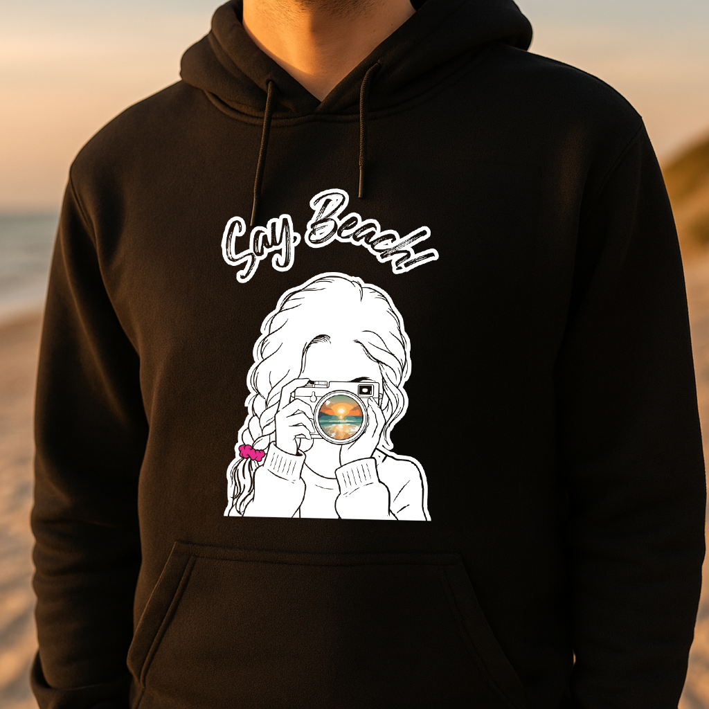 Hoodie Say, Beach! – Sonnenuntergang im Sucher