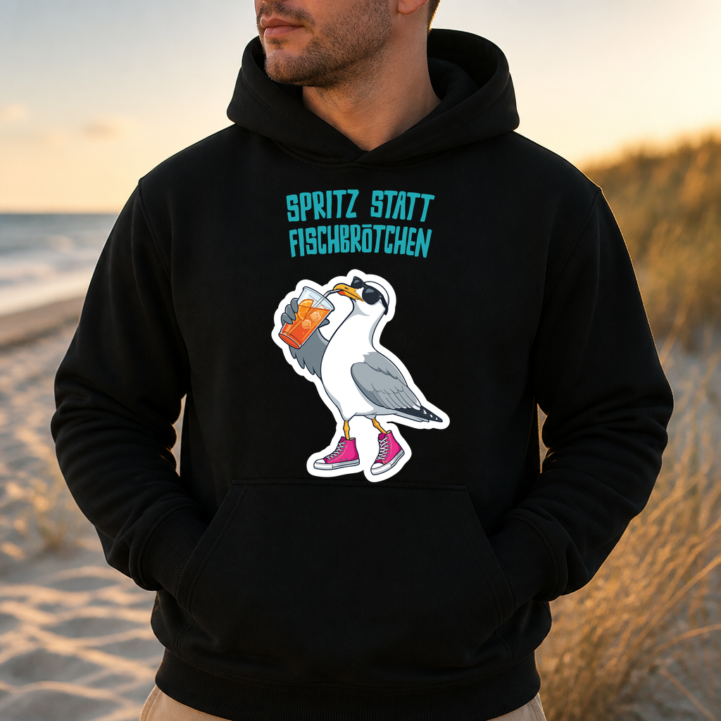 Hoodie Spritz statt Fischbrötchen – Möwe mit Prioritäten