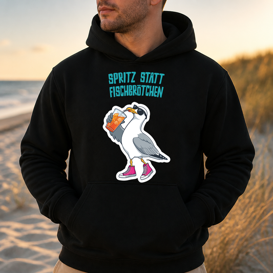 Hoodie Spritz statt Fischbrötchen – Möwe mit Prioritäten