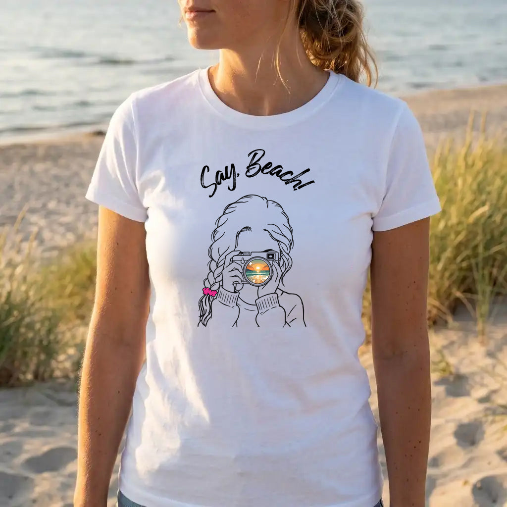 T-Shirt Say, Beach! – Sonnenuntergang im Sucher